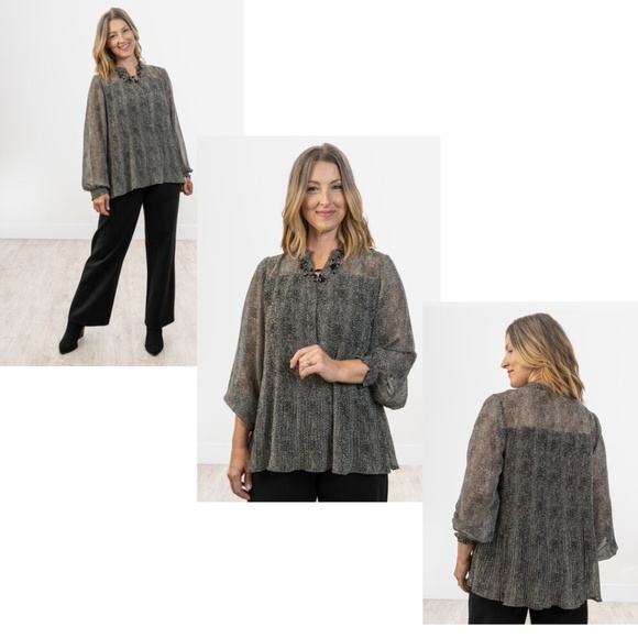 NWOT Fransa Plisse Black/Cream Abstract Print Long Sleeve Blouse Size L - Picture 3 of 17